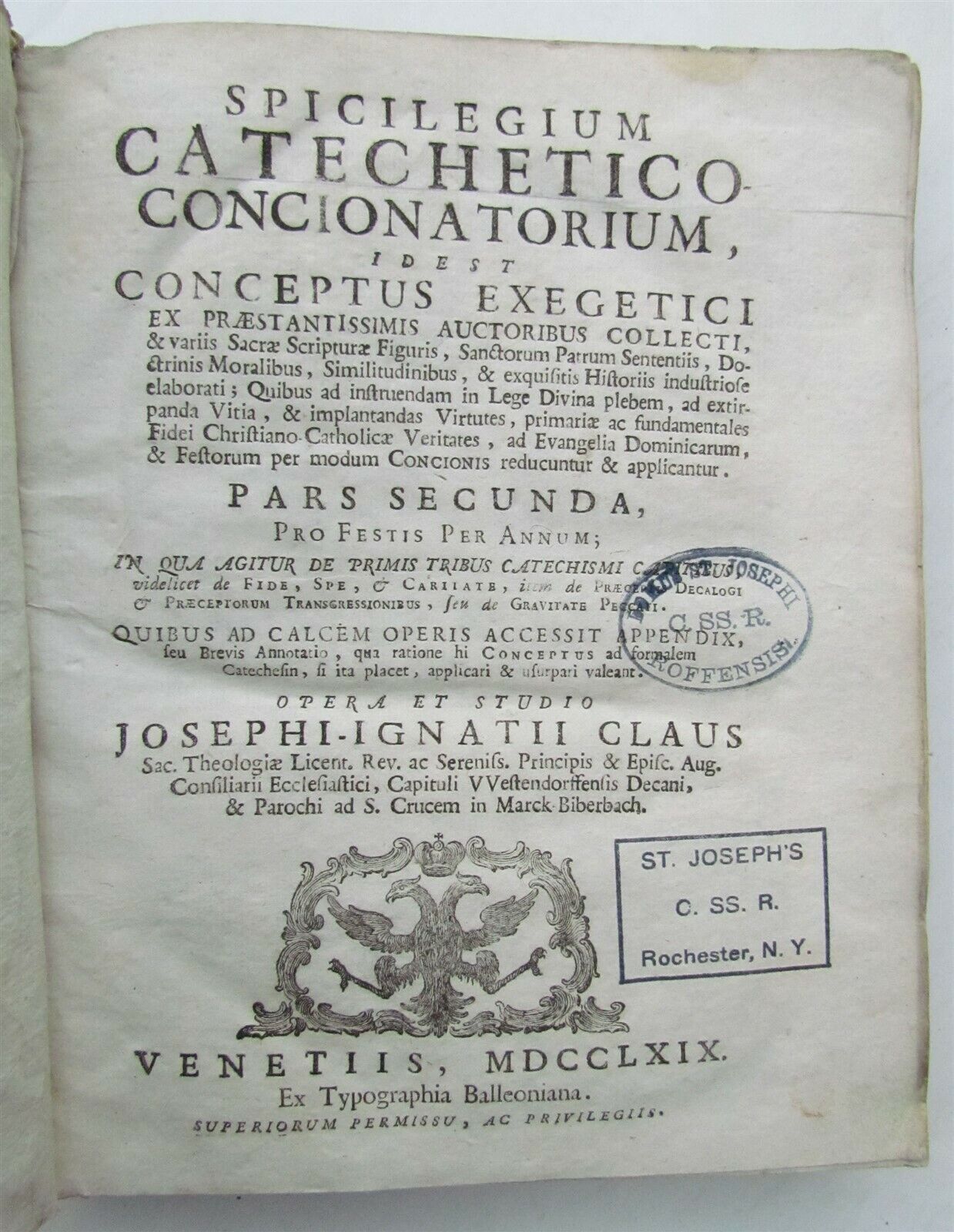 1769 VELLUM BOUND SPICILEGIUM CATECHETICO CONCIONATORIUM by J.CLAUS antique book