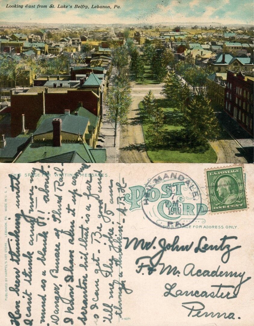 LEBANON PA LOOKING EAST FROM ST.LUKE'S BELFRY ANTIQUE POSTCARD