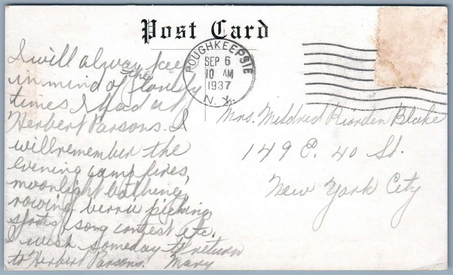 POUGHSKEEPSIE NY CAMP HERBERT PARSON GREENWICH HOUSE CAMP 1937 VINTAGE POSTCARD