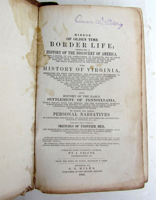 1848 MIRROR OF OLDEN TIME BORDER LIFE HISTORY of VIRGINIA antique AMERICANA