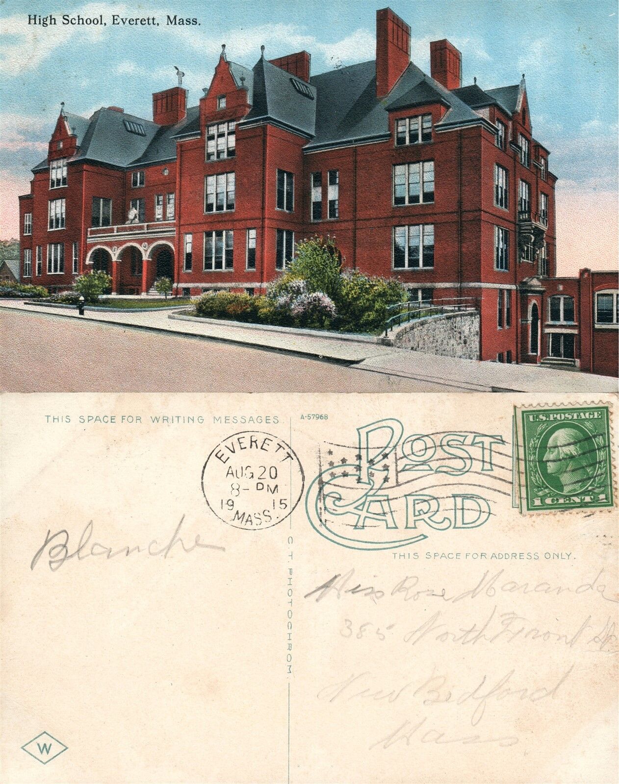 EVERETT MA HIGH SCHOOL 1915 ANTIQUE POSTCARD