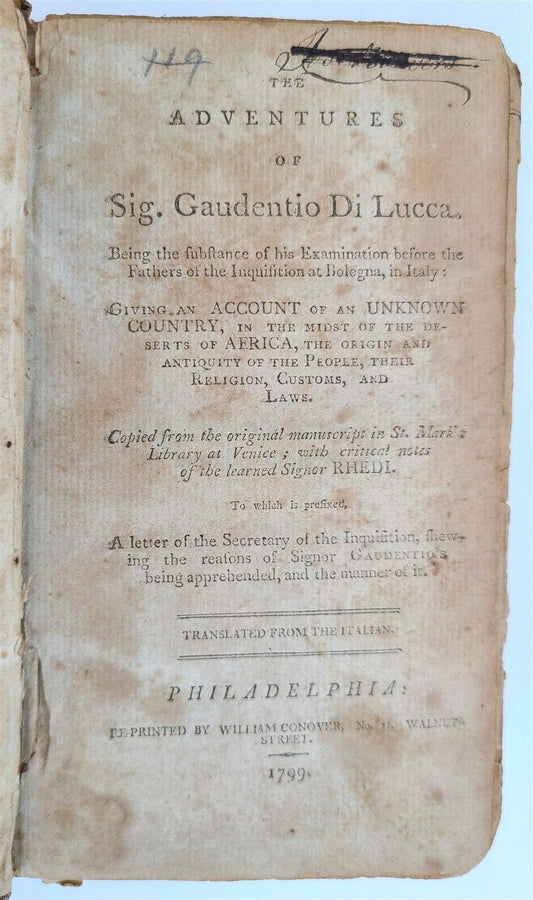 1799 ADVENTURES of Gaudentio di LUCCA in AFRICA antique AMERICANA Philadelphia