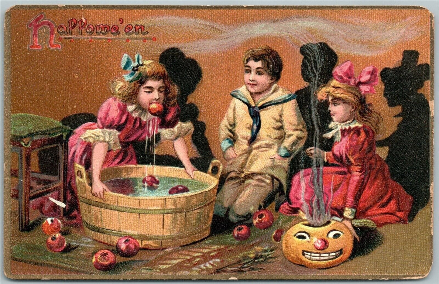 HALLOWEEN 1910 ANTIQUE POSTCARD KIDS w/ SHADOWS