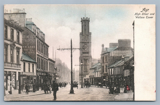 AYR ENGLAND HIGH STREET & WALLACE TOWER ANTIQUE POSTCARD