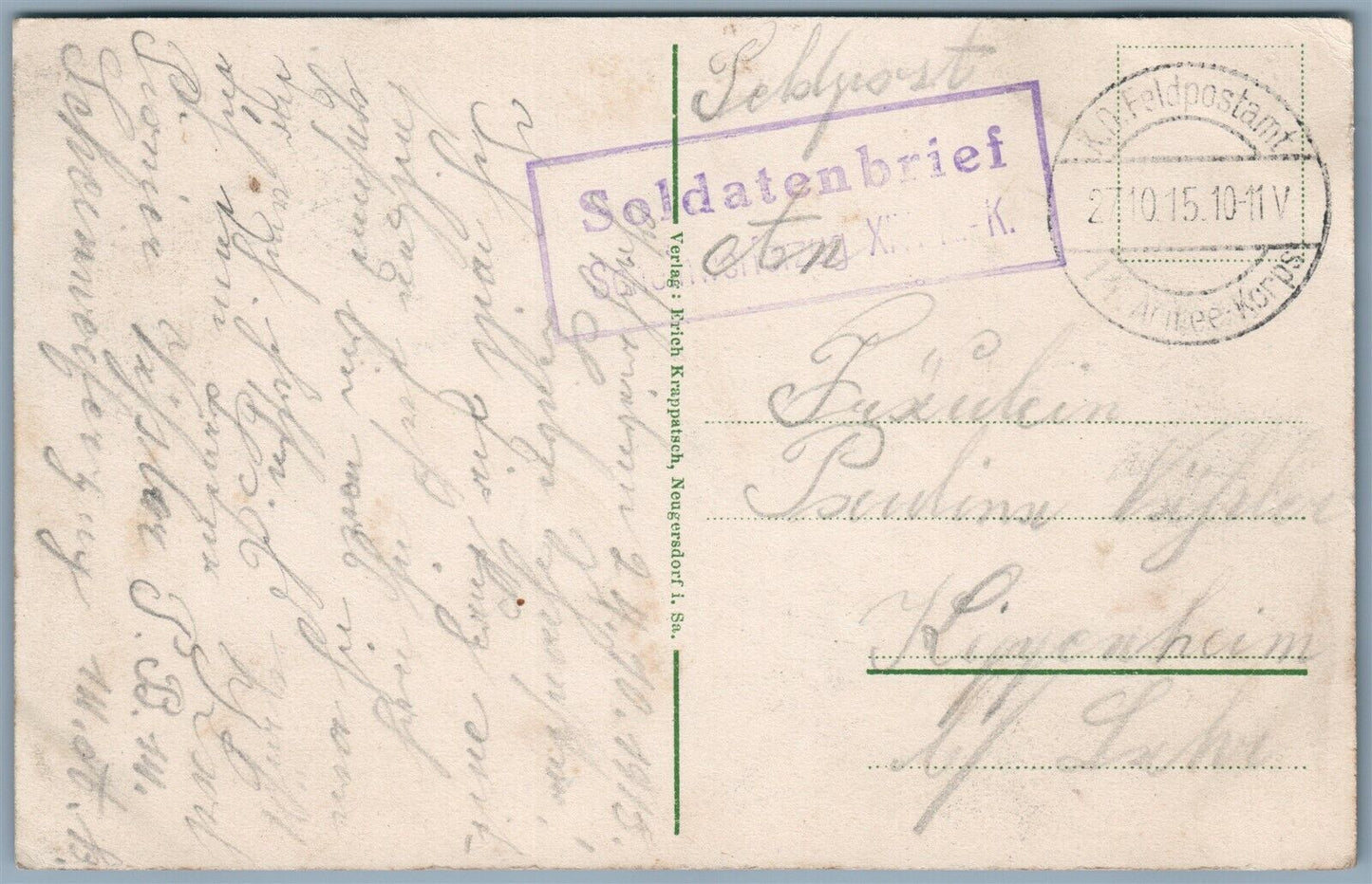 GERMAN WWI FELDPOST 1915 ANTIQUE POSTCARD CITADELLE NAMUR FRANCE