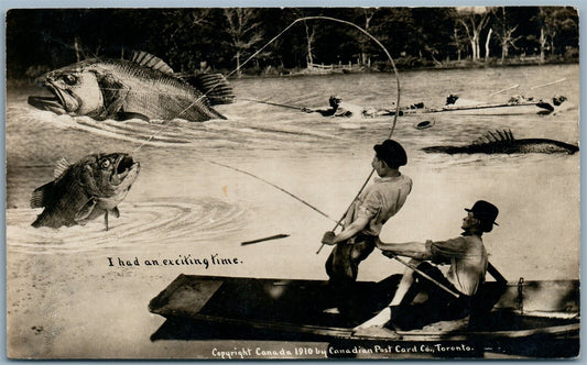 FISHING EXITING TIME CANADA 1910 ANTIQUE EXAGGERATED REAL PHOTO POSTCARD RPPC