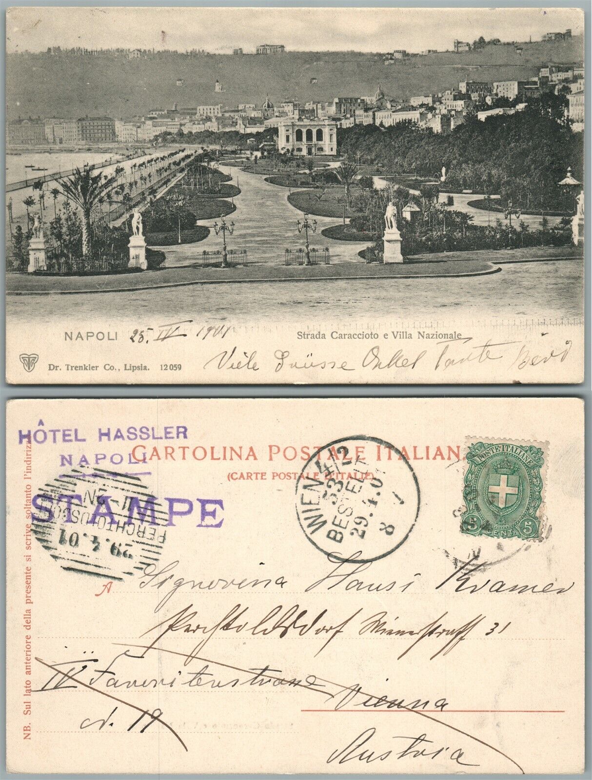 NAPOLI NAPLES ITALY STRADA CARACCIOTO ANTIQUE 1901 POSTCARD w/ STAMP