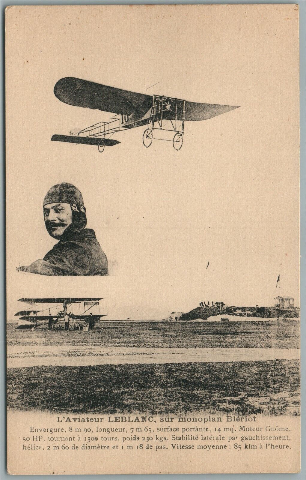 FRENCH AVIATOR LEBLANC MONOPLAN BLERIOT AIRPLANE PILOT WWI ERA ANTIQUE POSTCARD