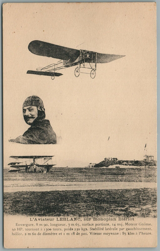 FRENCH AVIATOR LEBLANC MONOPLAN BLERIOT AIRPLANE PILOT WWI ERA ANTIQUE POSTCARD