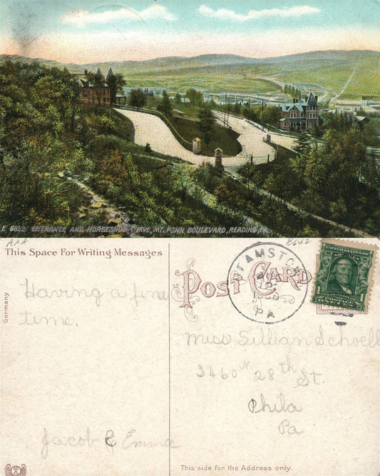 READING PA MT.PENN BOULEVARD 1908 ANTIQUE POSTCARD