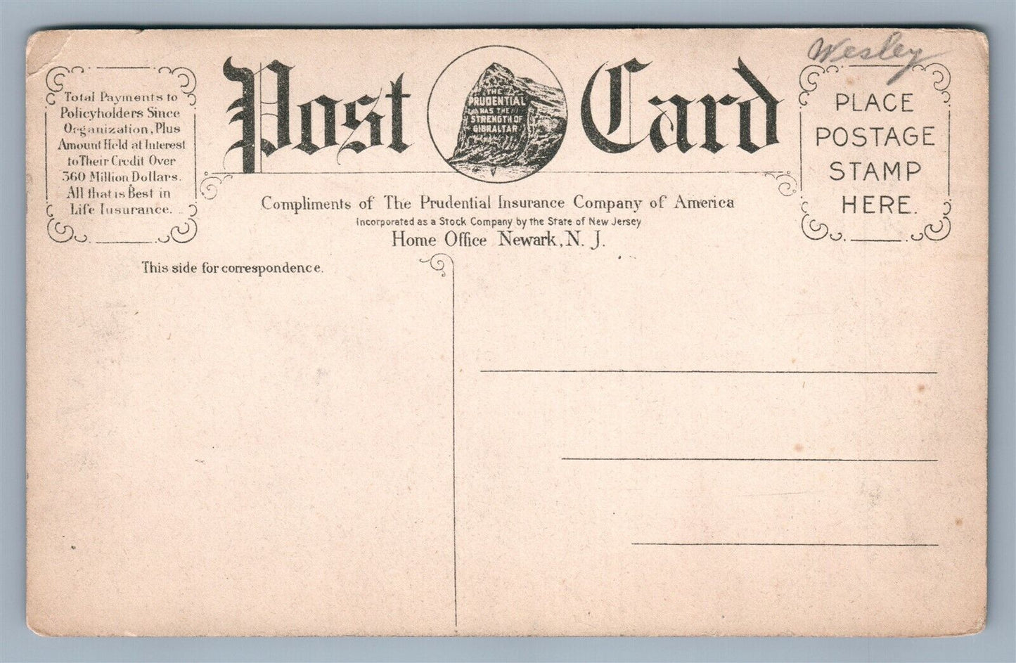 NEWARK NJ PRUDENTIAL INSURANCE ADVERTISING GIBRALTAR THE MARKET ANTIQUE POSTCARD