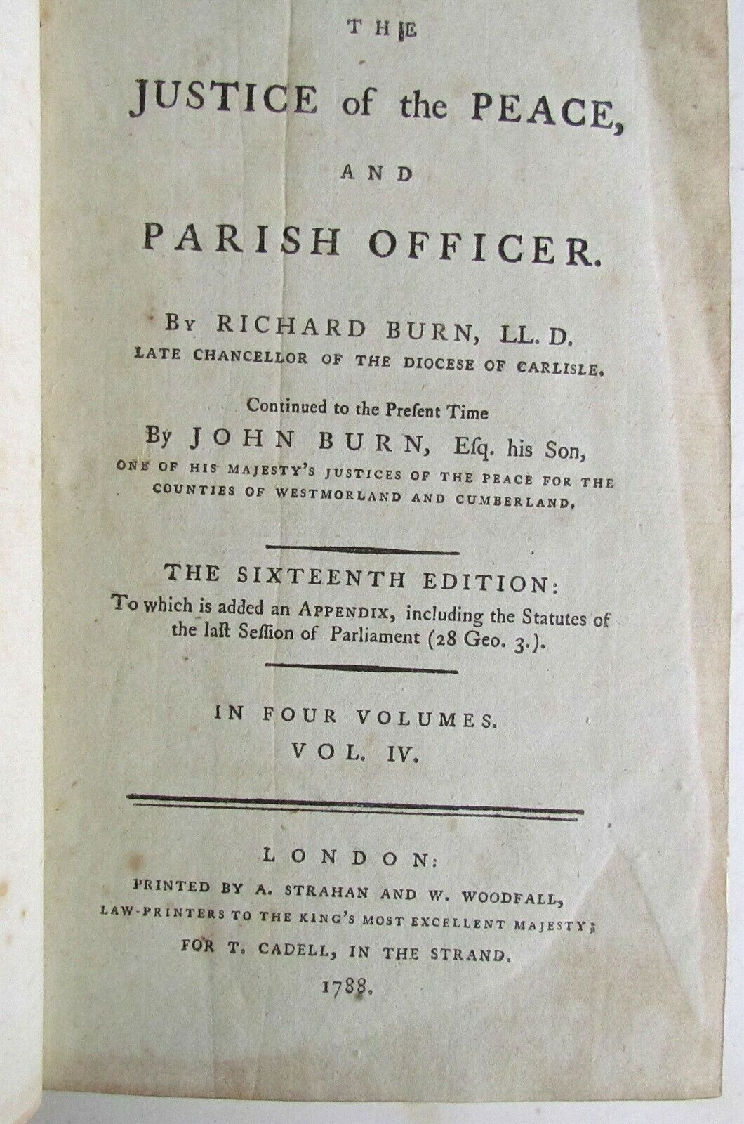 1788 4 VOLUMES JUSTICE of PEACE & PARISH OFFICER RUCHARD BURN LAW BOOKS ENGLISH