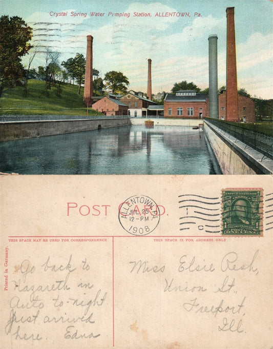 ALLENTOWN PA CRYSTAL SPRING WATER PUMPING STATION 1908 ANTIQUE POSTCARD