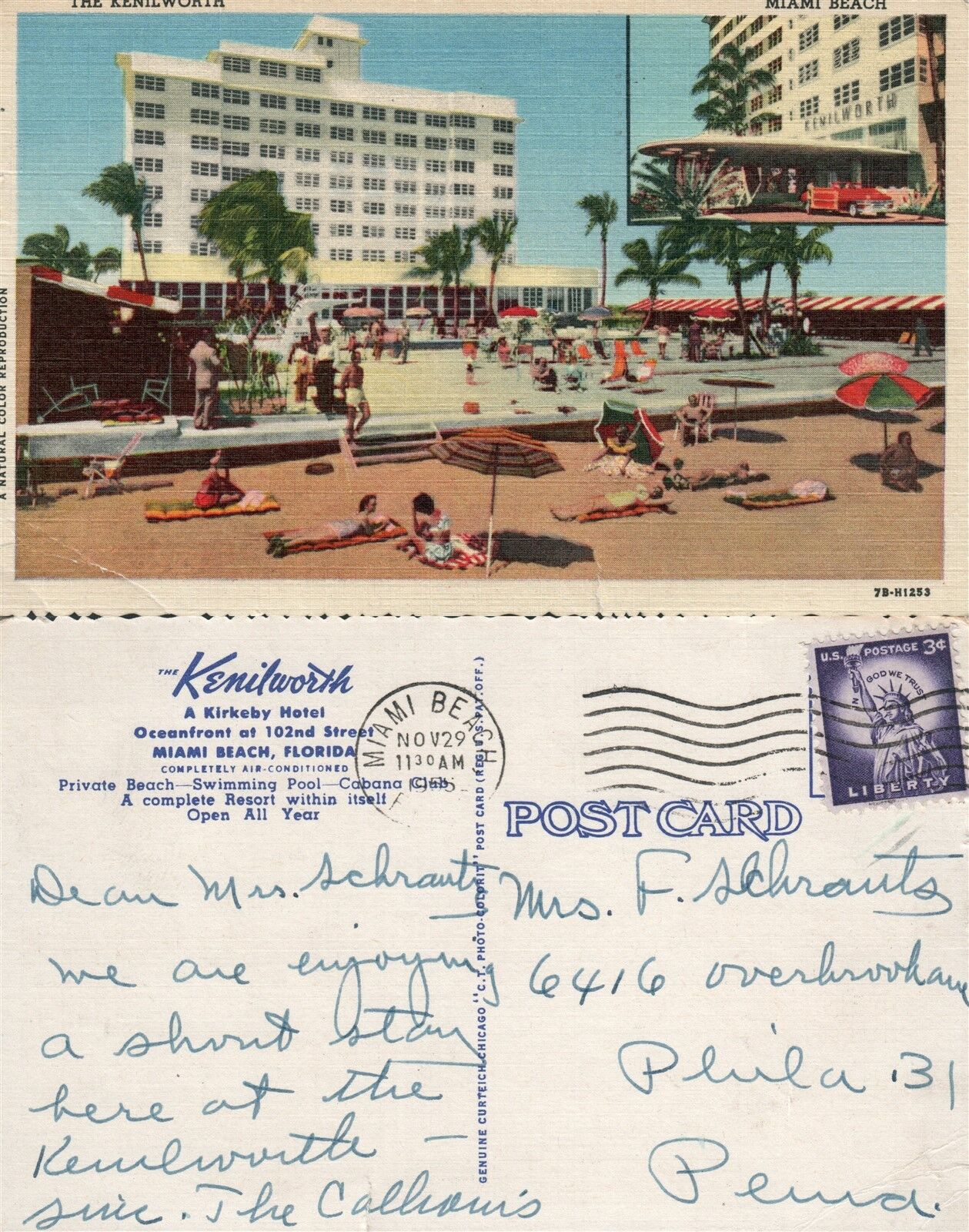 MIAMI BEACH FL KIRKEBY HOTEL on 102nd STREET VINTAGE POSTCARD