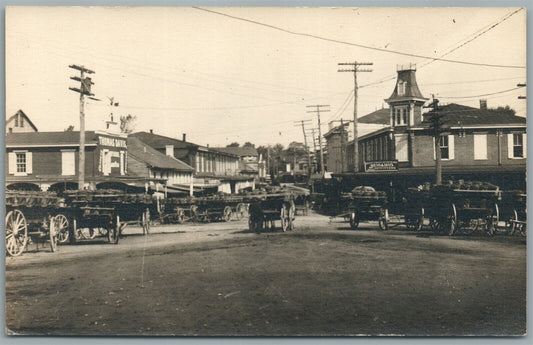 TOWN MARKET SCENE w/ horse wagons ANTIQUE REAL PHOTO POSTCARD RPPC