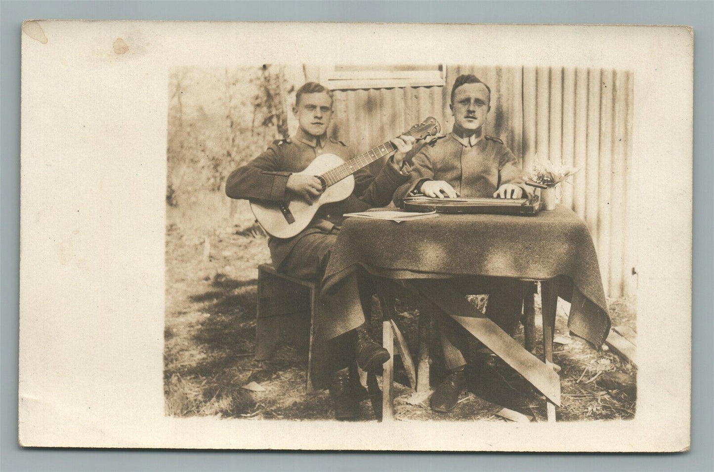 GERMAN WWI ERA SOLDIER w/ GUITAR & FLOWERS ANTIQUE REAL PHOTO POSTCARD RPPC