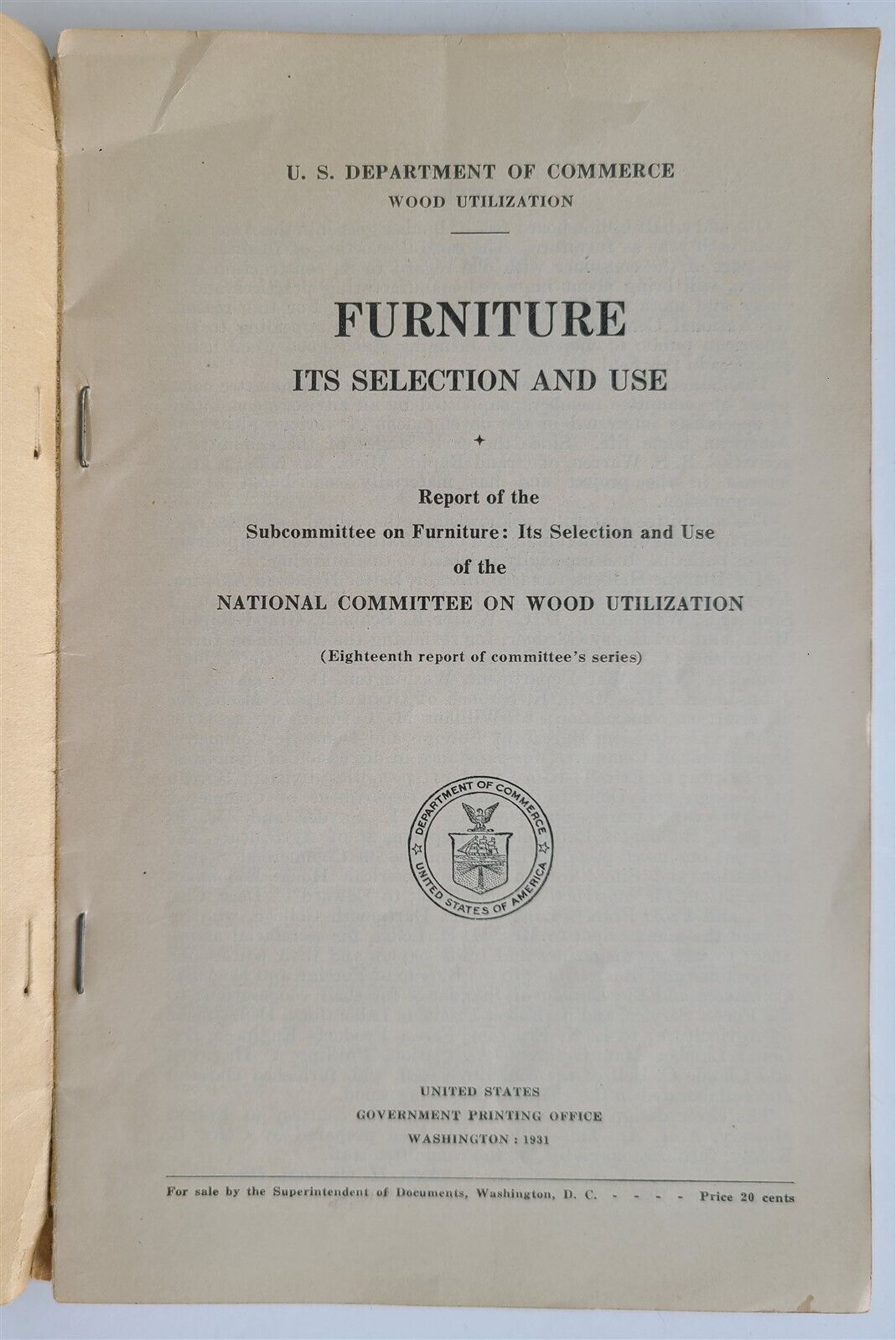 1931 FURNITURE ITS SELECTION & USE by U.S. DEPT of COMMERCE illustrated vintage