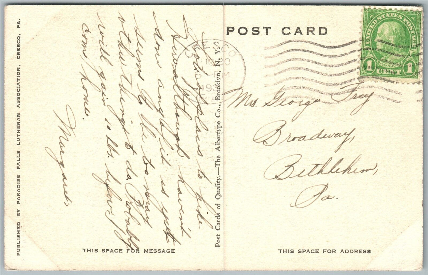 HENRYVILLE PA DRIVE INTO PARADISE FALLS 1931 VINTAGE POSTCARD