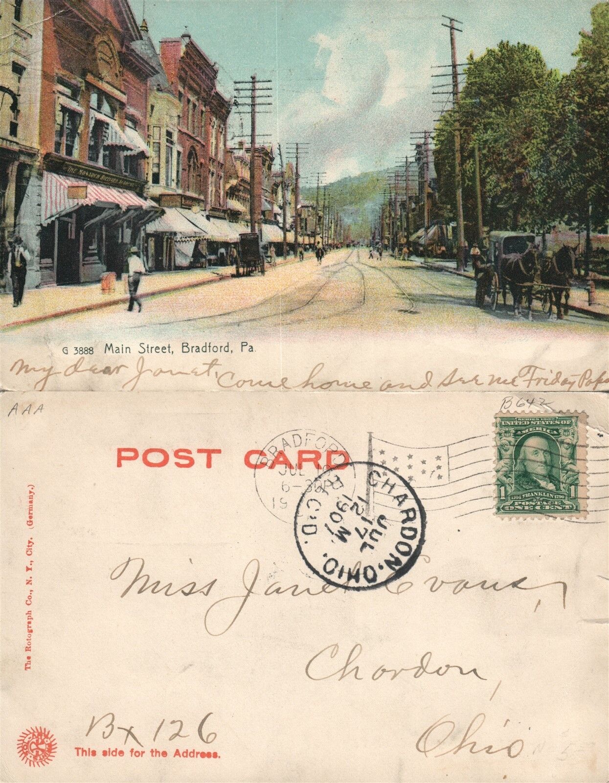 BRADFORD PA MAIN STREET 1907 UNDIVIDED ANTIQUE POSTCARD
