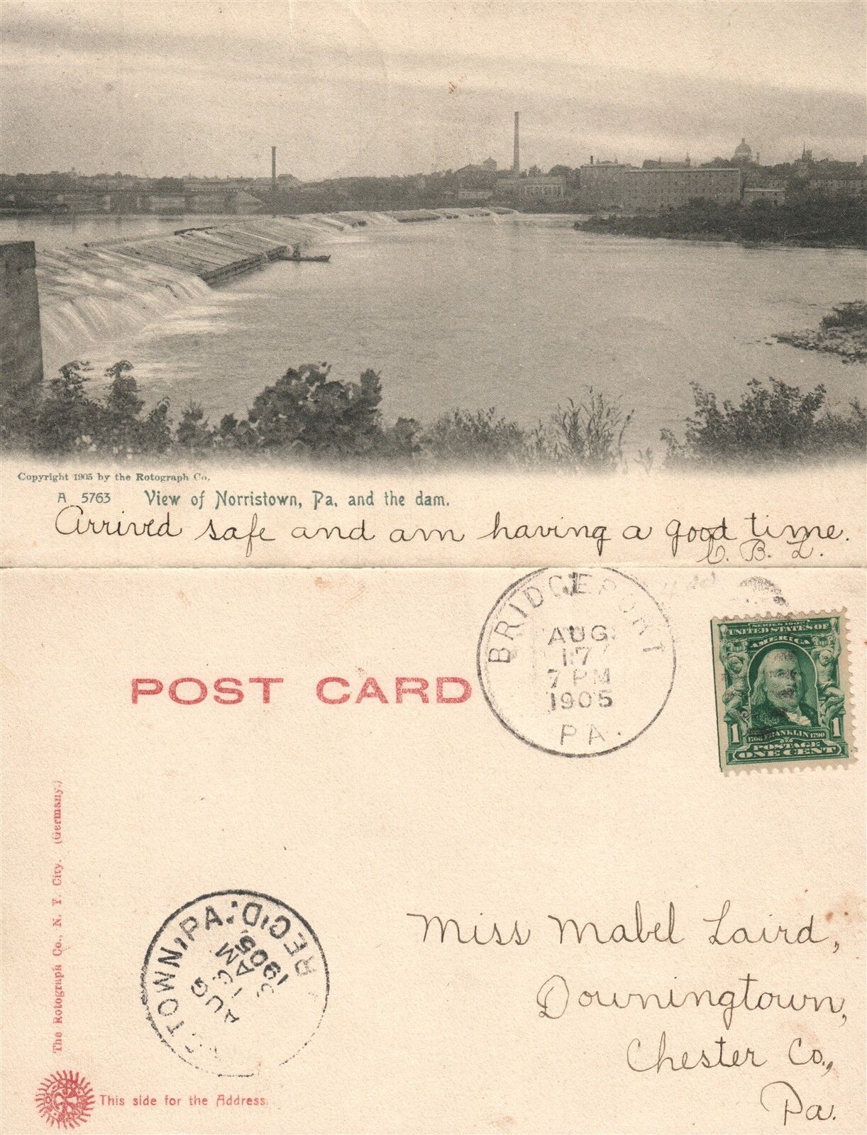 NORRISTOWN PA THE DAM 1905 UNDIVIDED ANTIQUE POSTCARD