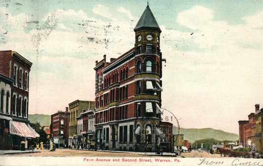 WARREN PA PENN AVENUE & SECOND STREET UNDIVIDED ANTIQUE POSTCARD CORK CANCEL