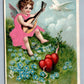 VALENTINE ANTIQUE EMBOSSED POSTCARD GIRL w/ GUITAR IN APPLIQUE CLOTH DRESS