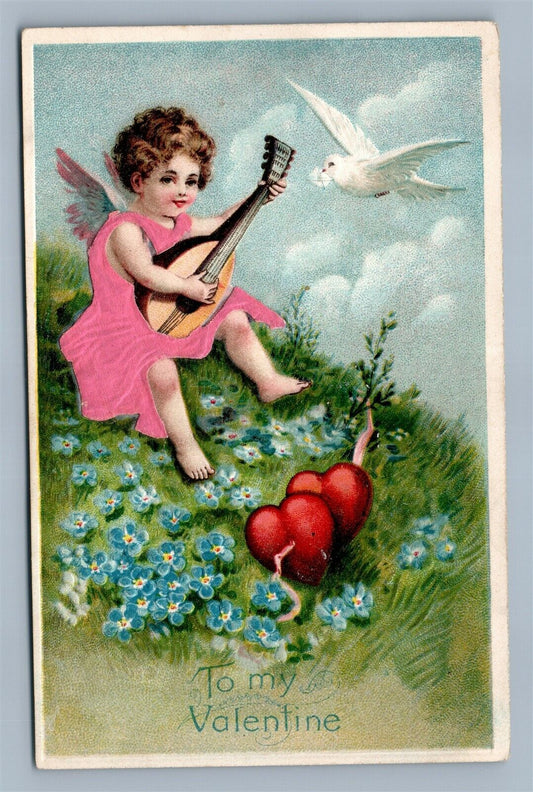 VALENTINE ANTIQUE EMBOSSED POSTCARD GIRL w/ GUITAR IN APPLIQUE CLOTH DRESS