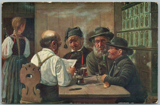 ARTISIT SIGNED TAVERN SCENE ANTIQUE POSTCARD