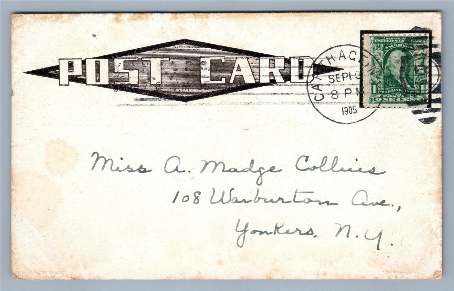 CARTHAGE NY WEST SIDE ANTIQUE POSTCARD w/ CORK CANCEL