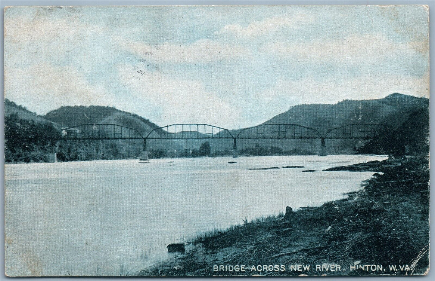 HINTON W.V. BRIDGE ACROSS NEW RIVER 1907 ANTIQUE POSTCARD w/ CORK CANCEL