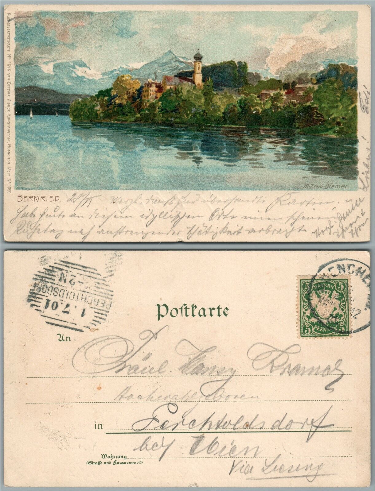 BERNRIED BAVARIA GERMANY 1901 ANTIQUE POSTCARD w/ stamp ARTIST SIGNED