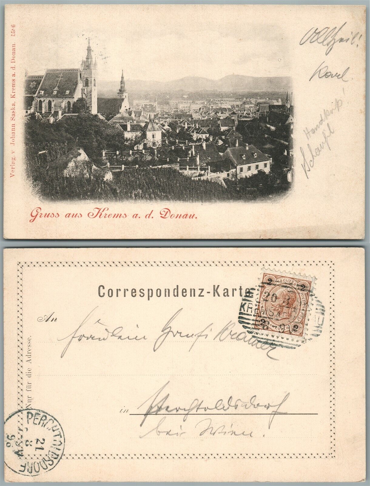 GRUSS AUS KREMS a.d. DONAU AUSTRIAN 1898 ANTIQUE POSTCARD