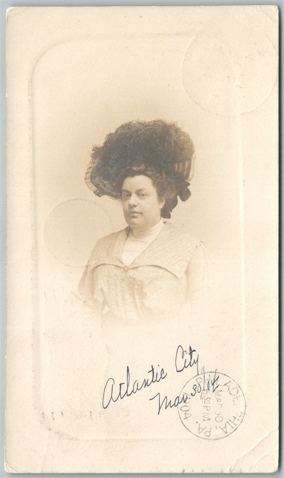 ATLANTIC CITY NJ LADY in HAT PORTRAIT 1904 ANTIQUE REAL PHOTO POSTCARD RPPC