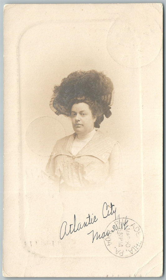 ATLANTIC CITY NJ LADY in HAT PORTRAIT 1904 ANTIQUE REAL PHOTO POSTCARD RPPC