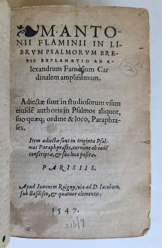 1547 M.ANTONII FLAMINII BOOK of PSALMS COMMENTARY ANTIQUE Marcus A. Flaminius