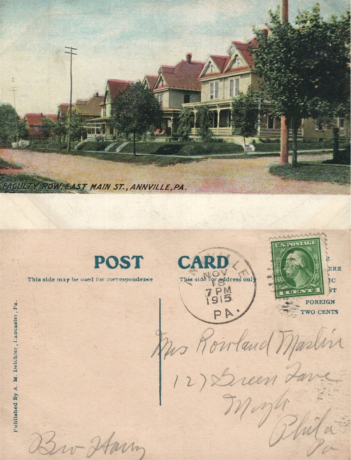 ANNVILLE PA EAST MAIN STREET FACILITY ROW 1915 ANTIQUE POSTCARD