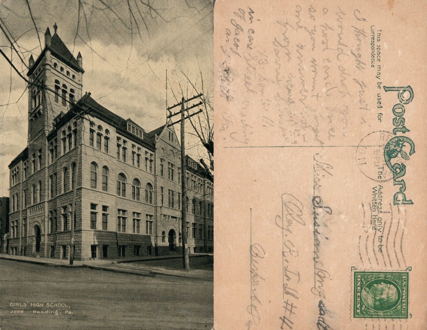 READING PA GIRLS HIGH SCHOOL 1911 ANTIQUE POSTCARD