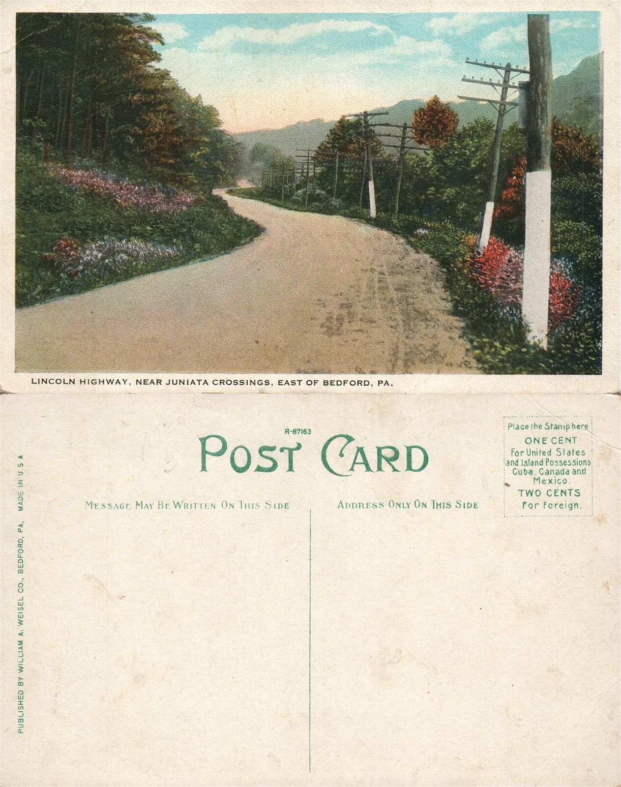 BEDFORD PA LINCOLN HIGHWAY NEAR JUNIATA CROSSINGS ANTIQUE POSTCARD
