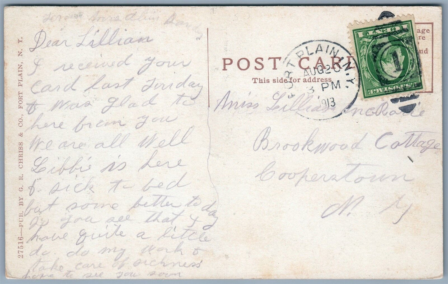 FORT PLAIN NY STATE ROAD 1913 ANTIQUE POSTCARD w/ CORK CANCEL