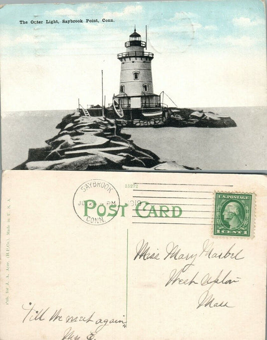 OUTER LIGHT SAYBROOK POINT CT 1919 ANTIQUE POSTCARD