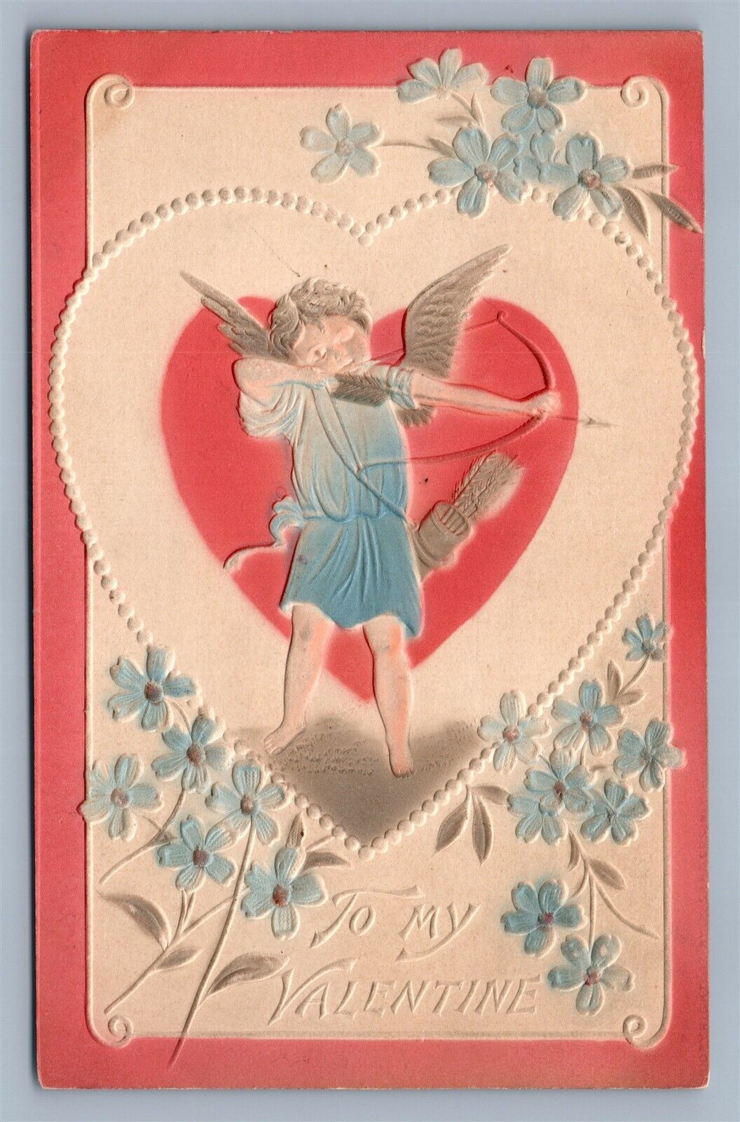 VALENTINE EMBOSSED ANTIQUE POSTCARD CUPID SHOOTING BOW