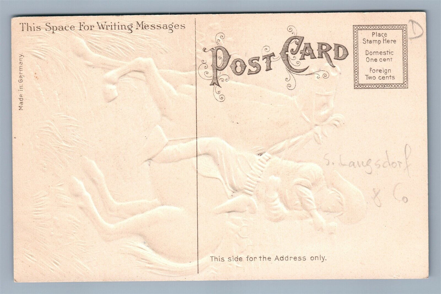 COWBOY on HORSE w/ HAND GUN EMBOSSED ANTIQUE POSTCARD