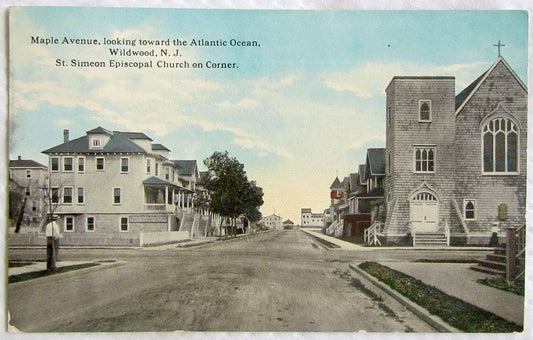MAPLE AVENUE WILDWOOD N.J. ST.SIMEON EPISCOPAL CHURCH 1914 ANTIQUE POSTCARD