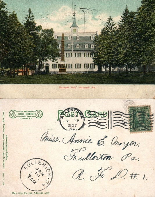 NAZARETH PA NAZARETH HALL ANTIQUE 1907 POSTCARD
