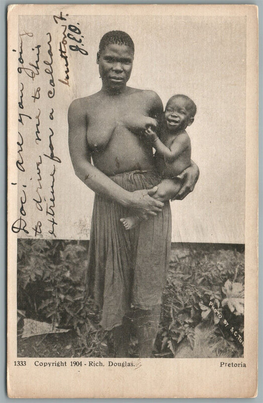 SOUTH AFRICA PRETORIA NATIVE WOMAN w/ BABY ANTIQUE POSTCARD