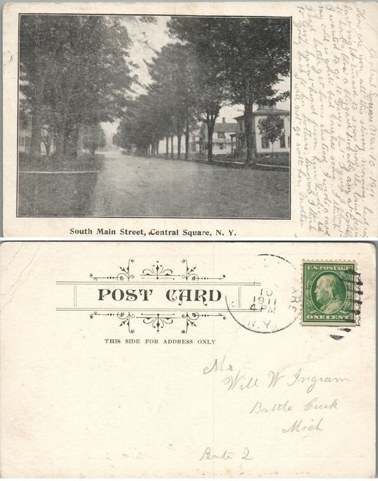 SOUTH MAIN STREET CENTRAL SQUARE N.Y. 1911 ANTIQUE POSTCARD