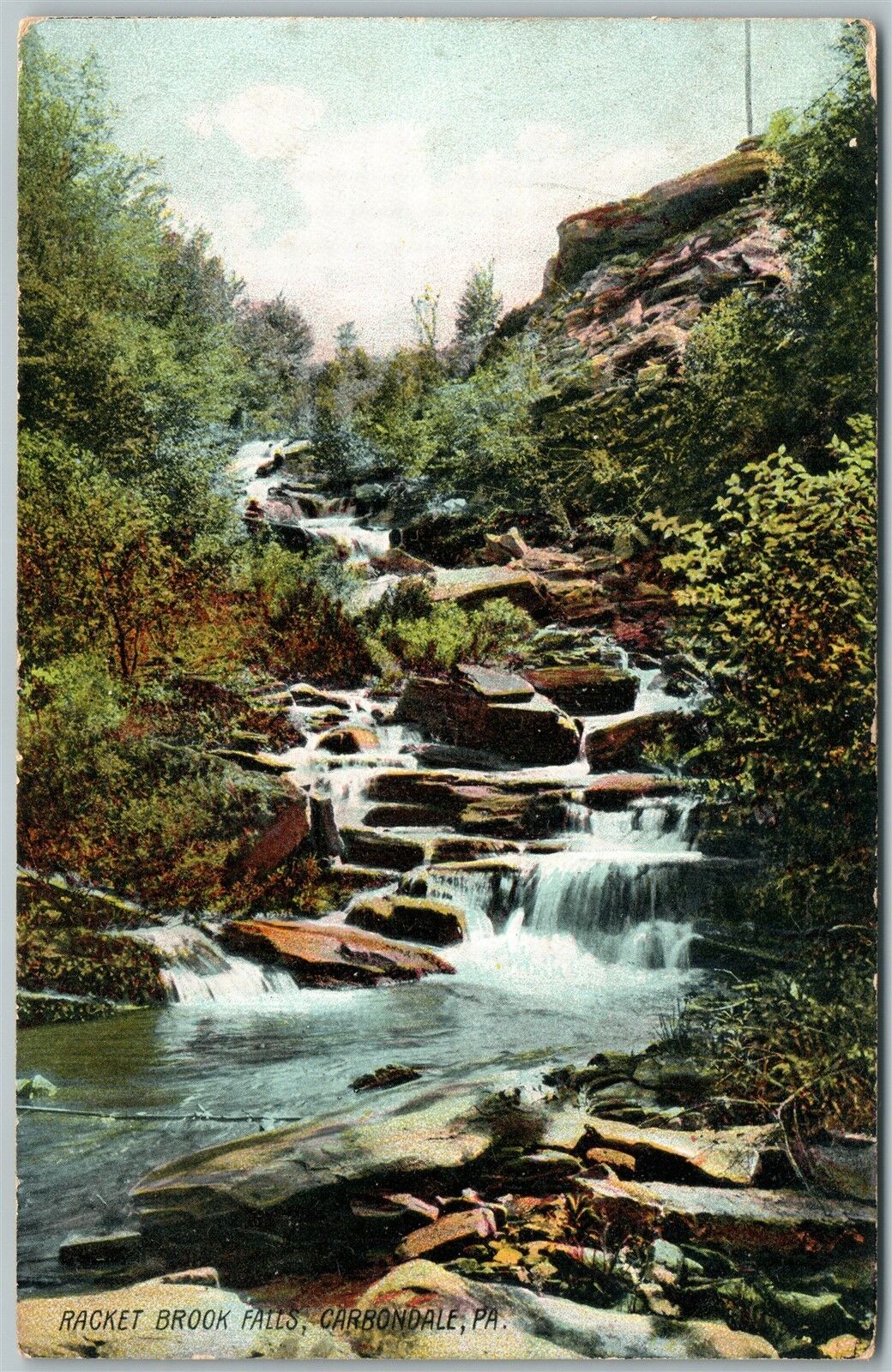CARBONDALE PA RACKET BROOK FALLS 1910 UNDIVIDED ANTIQUE POSTCARD w/ CORK CANCEL