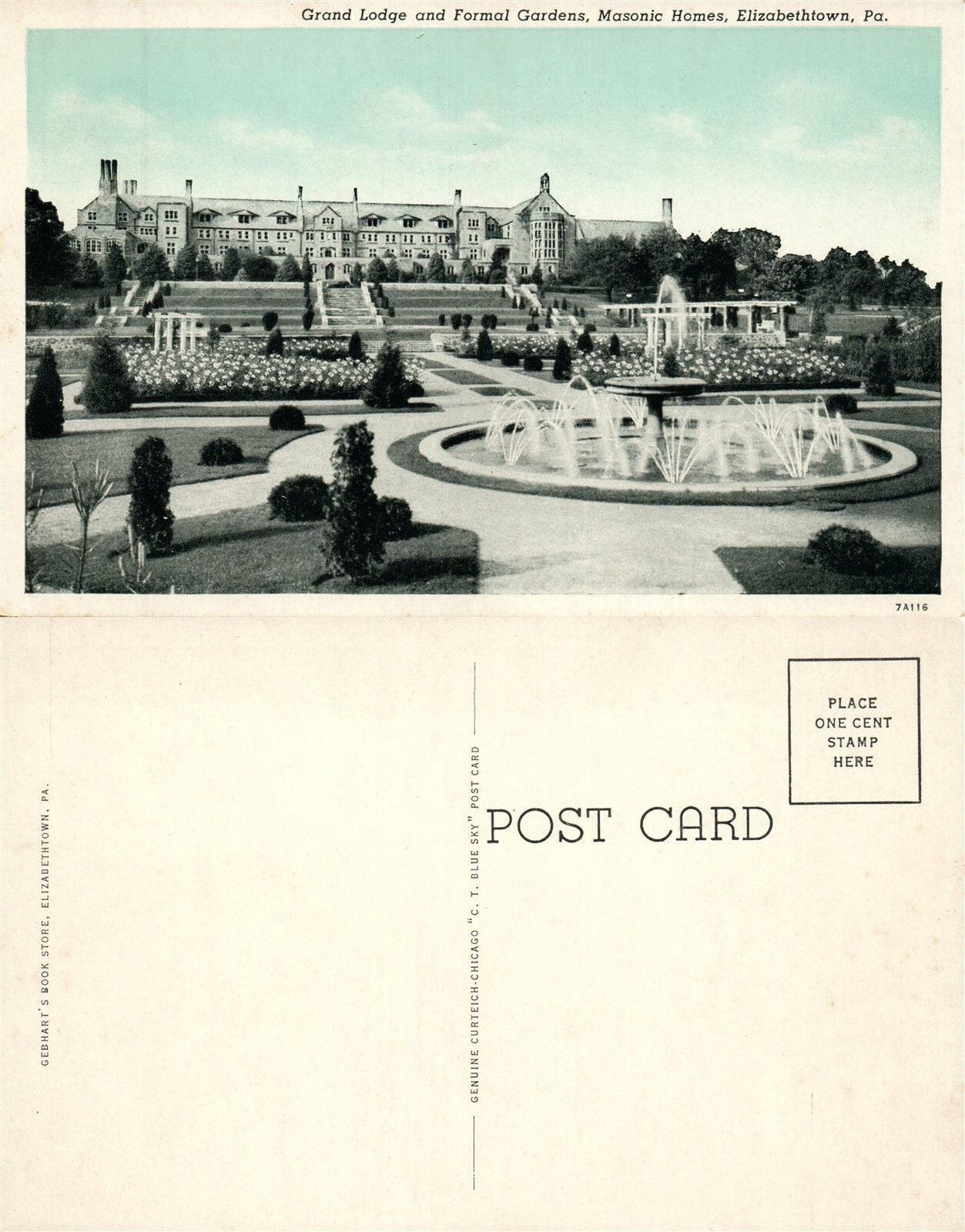 ELIZABETHTOWN PA MASONIC HOMES GRAND LODGE & FORMAL GARDENS ANTIQUE POSTCARD