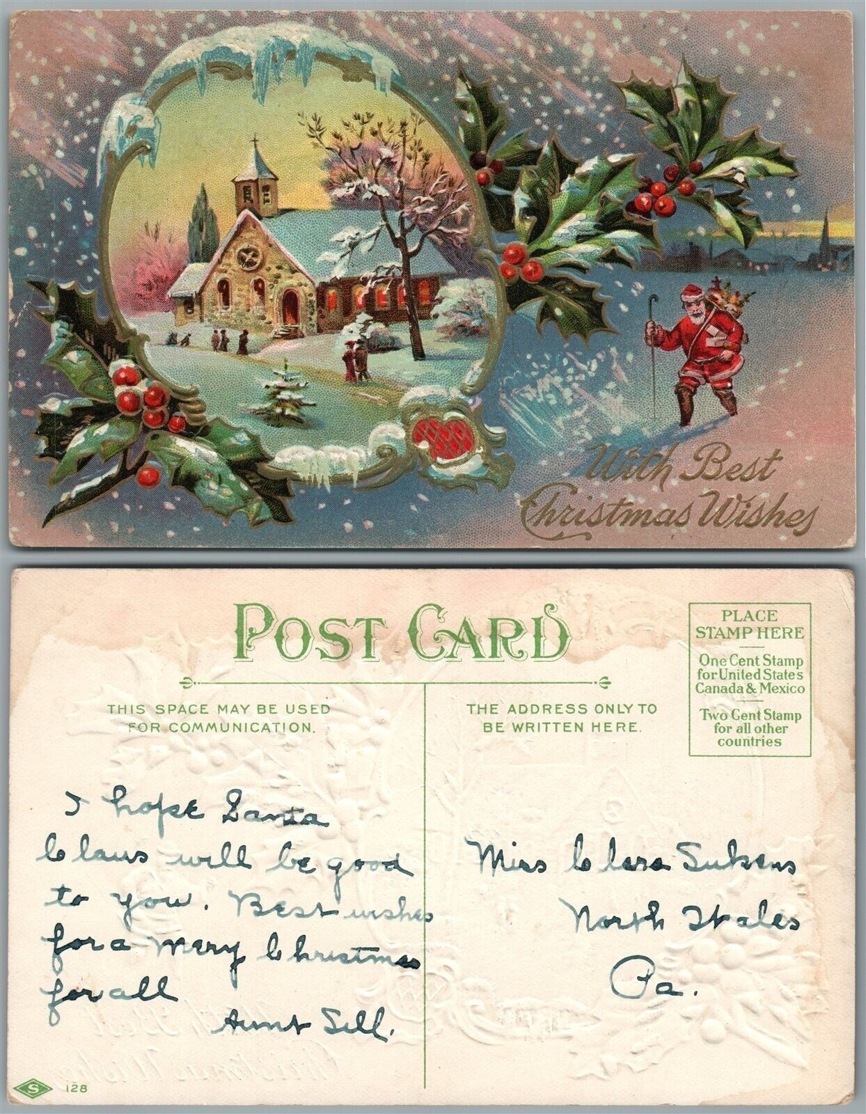 CHRISTMAS WISHES SANTA w/ GIFTS ANTIQUE POSTCARD