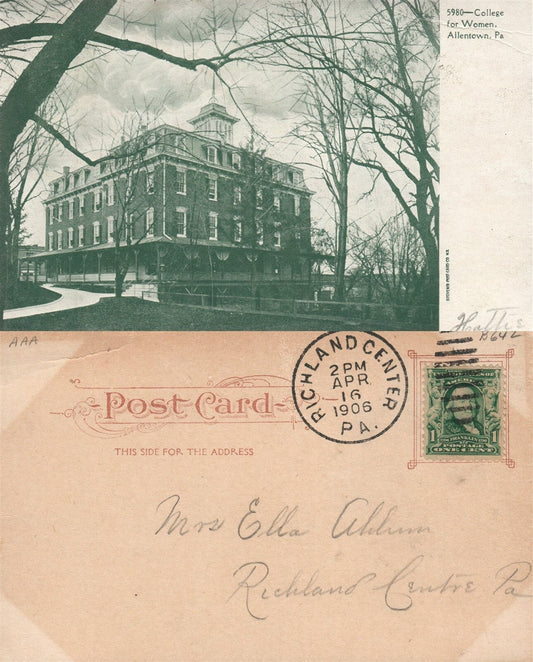 ALLENTOWN PA COLLEGE FOR WOMEN 1906 UNDIVIDED ANTIQUE POSTCARD w/ CORK CANCEL